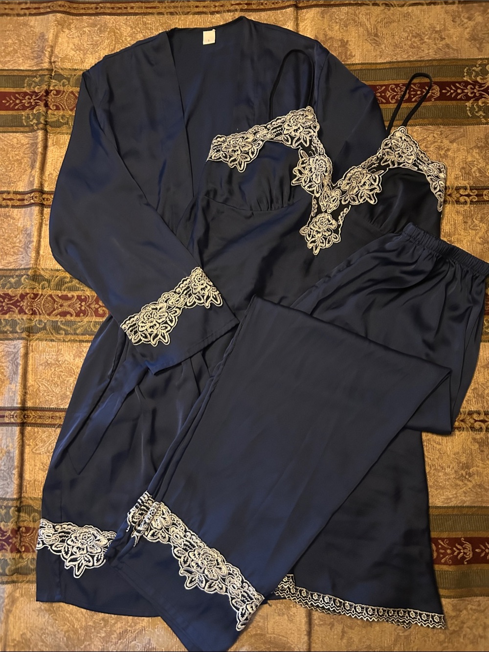 Navy Satin Chemise, Pants and Robe Set with Cream Lace Trim